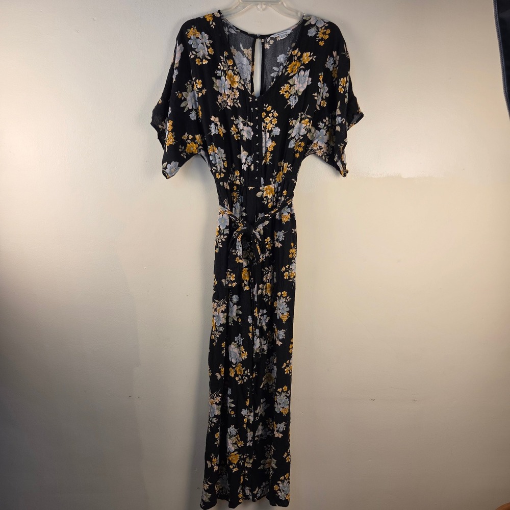 American Eagle Women Black Ditsy Floral Wide Leg Jumpsuit S Short Sleeve Boho